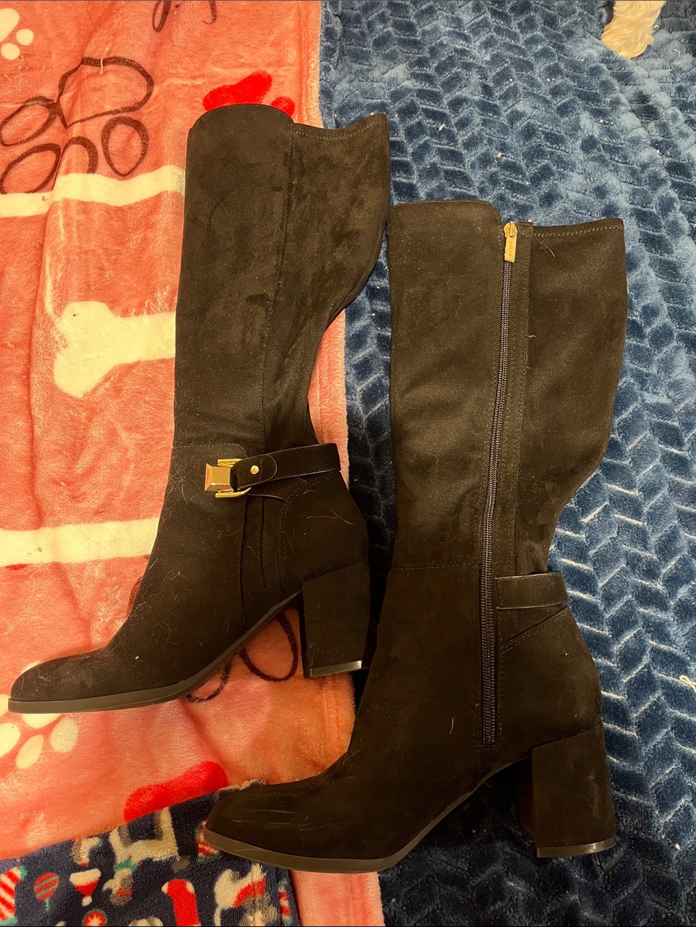 Unisa Black Suede Mid-Calf Block Heel Boots with Gold Buckle
